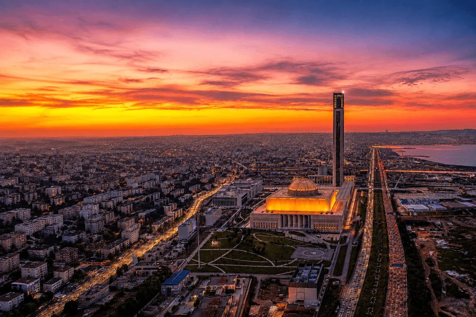 Djamaa El-Djazair and the city of Algiers at sunset, seen from the air