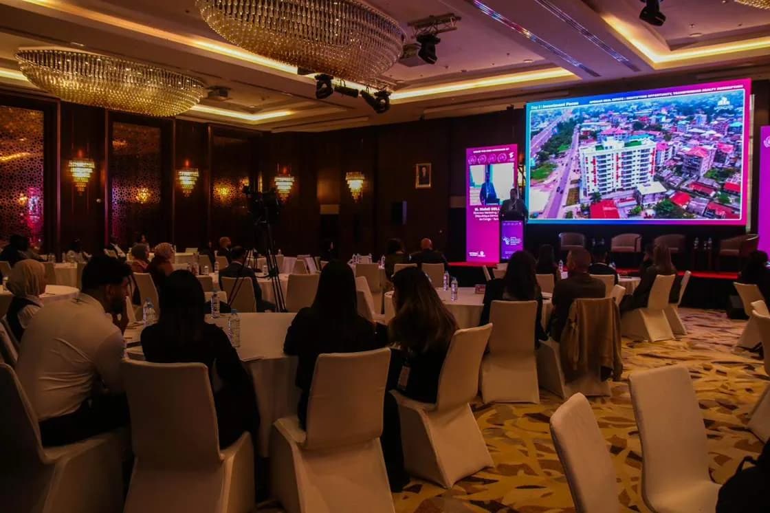 The conference hall with a development project on screen